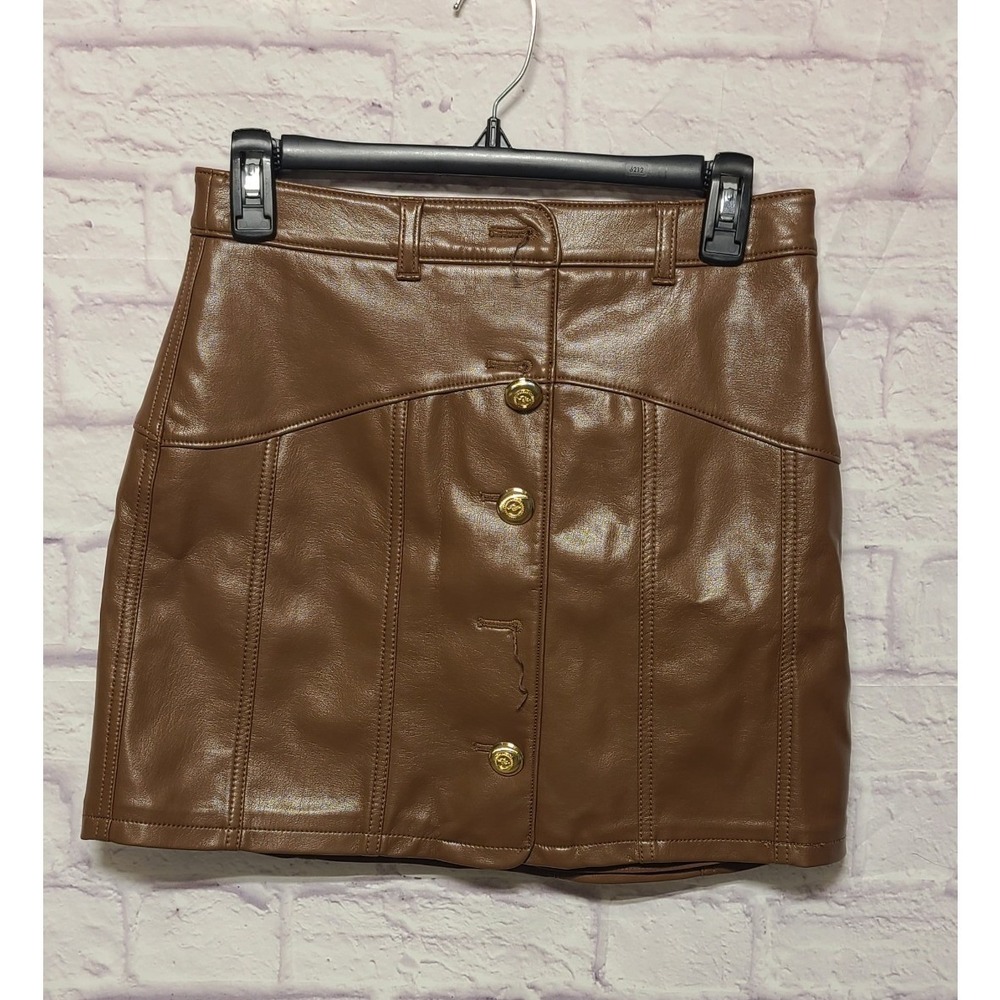 Cinq a Sept Claudia Vegan Leather Mini Skirt Dark Sepia Brown Gold Buttons 2